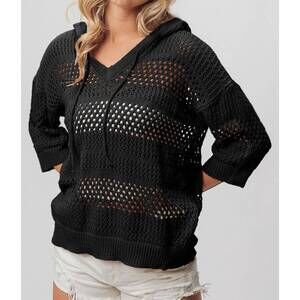 NEW BIBI open knit v-neck hooded lightweight cover up in black
